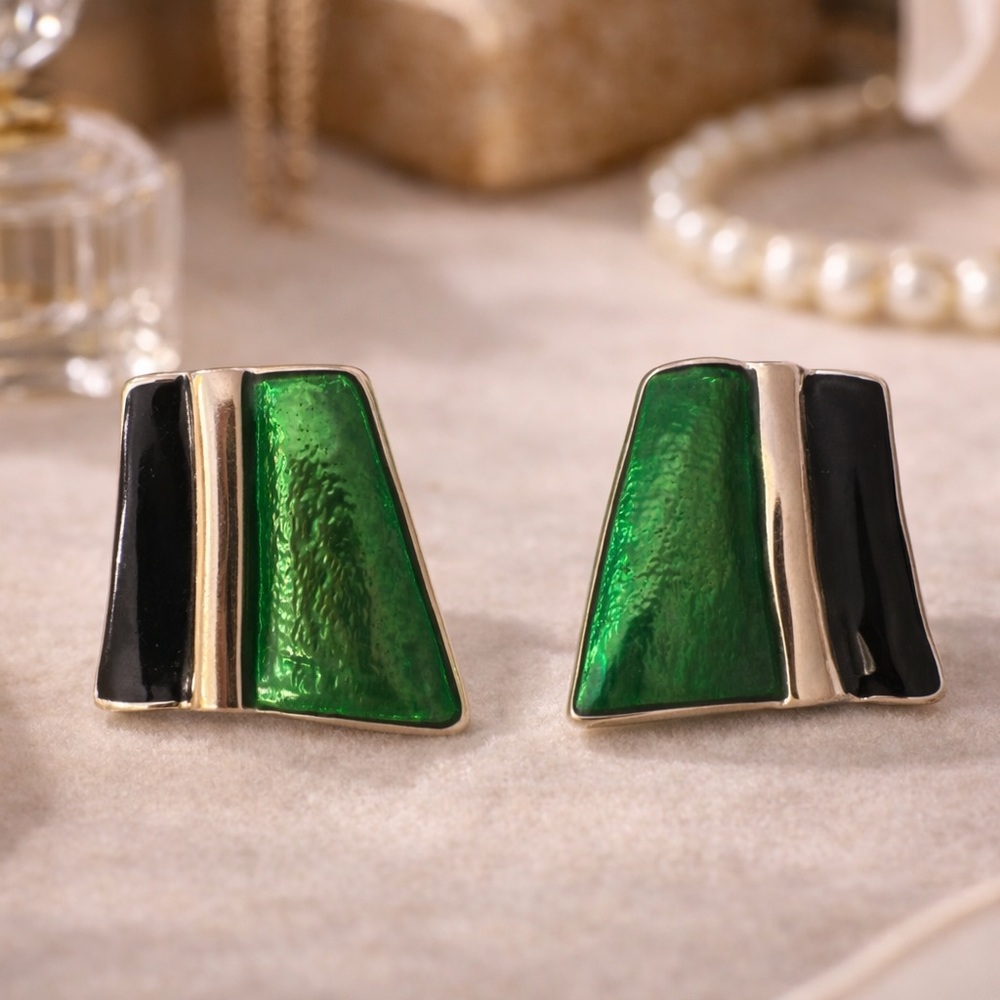 Vintage Green & Black Enamel Geometric Earrings | Silver Tone Statement Studs